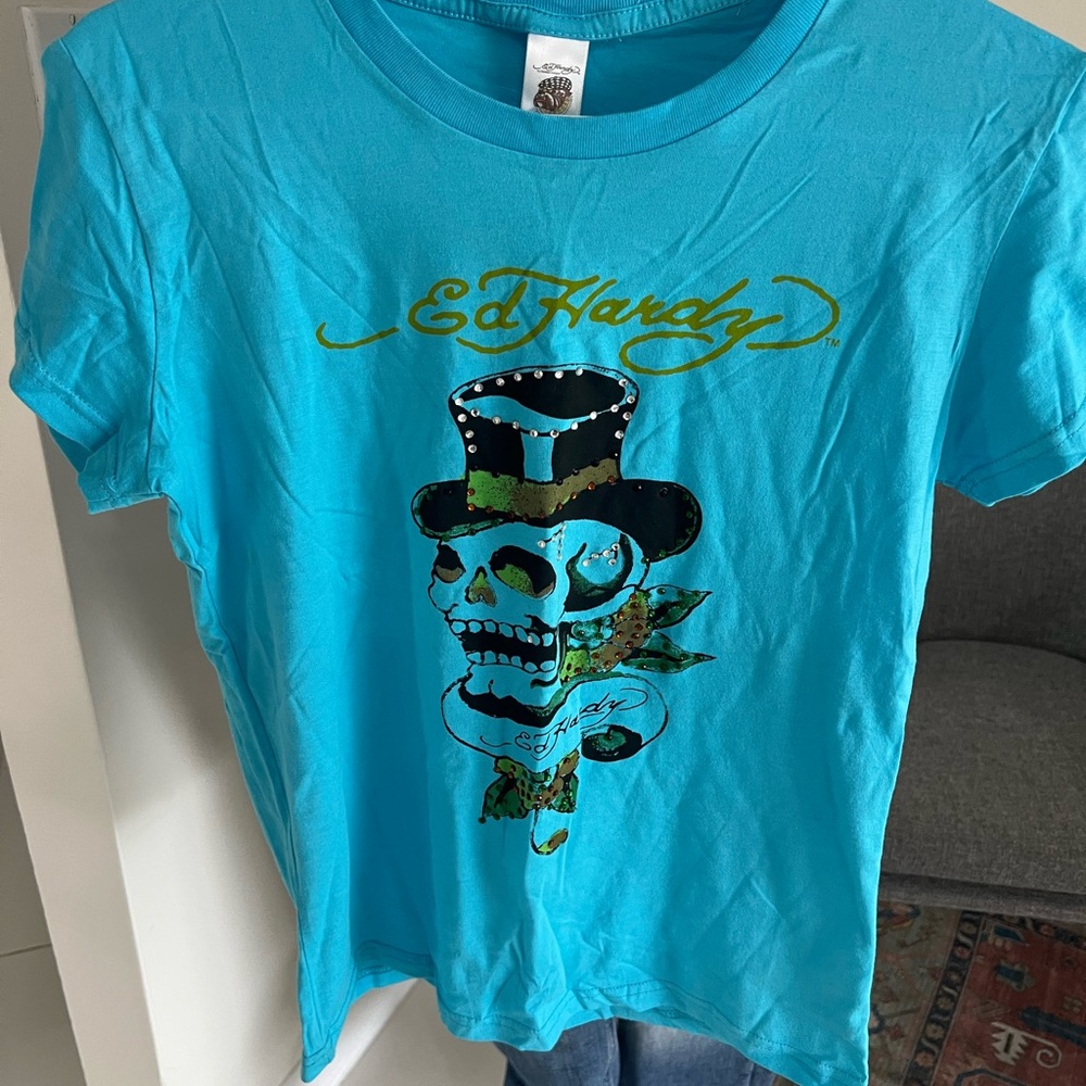 Ed Hardy Blue Shirt Big Logo Skull Love Kills Rare Tee Hype Y2K Size L NWT